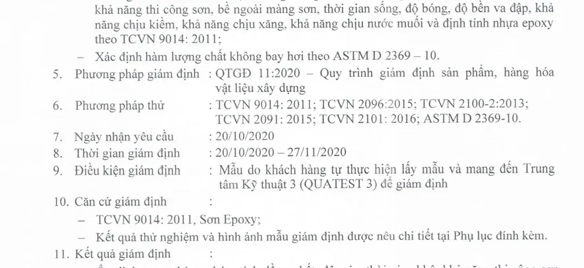 Giấy kiểm định sơn phủ Epoxy lazenta