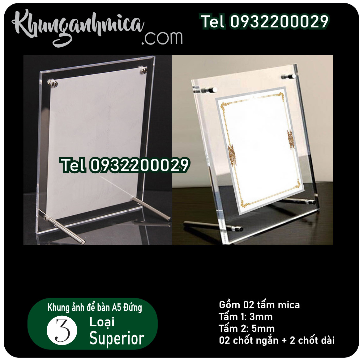 Khung mica để bàn có 4 chốt inox (2 dài, 2 ngắn)