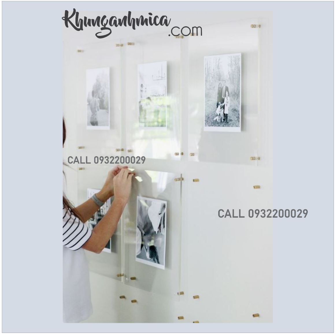 Khung mica để ảnh treo tường có 4 chốt inoc gắn 4 góc