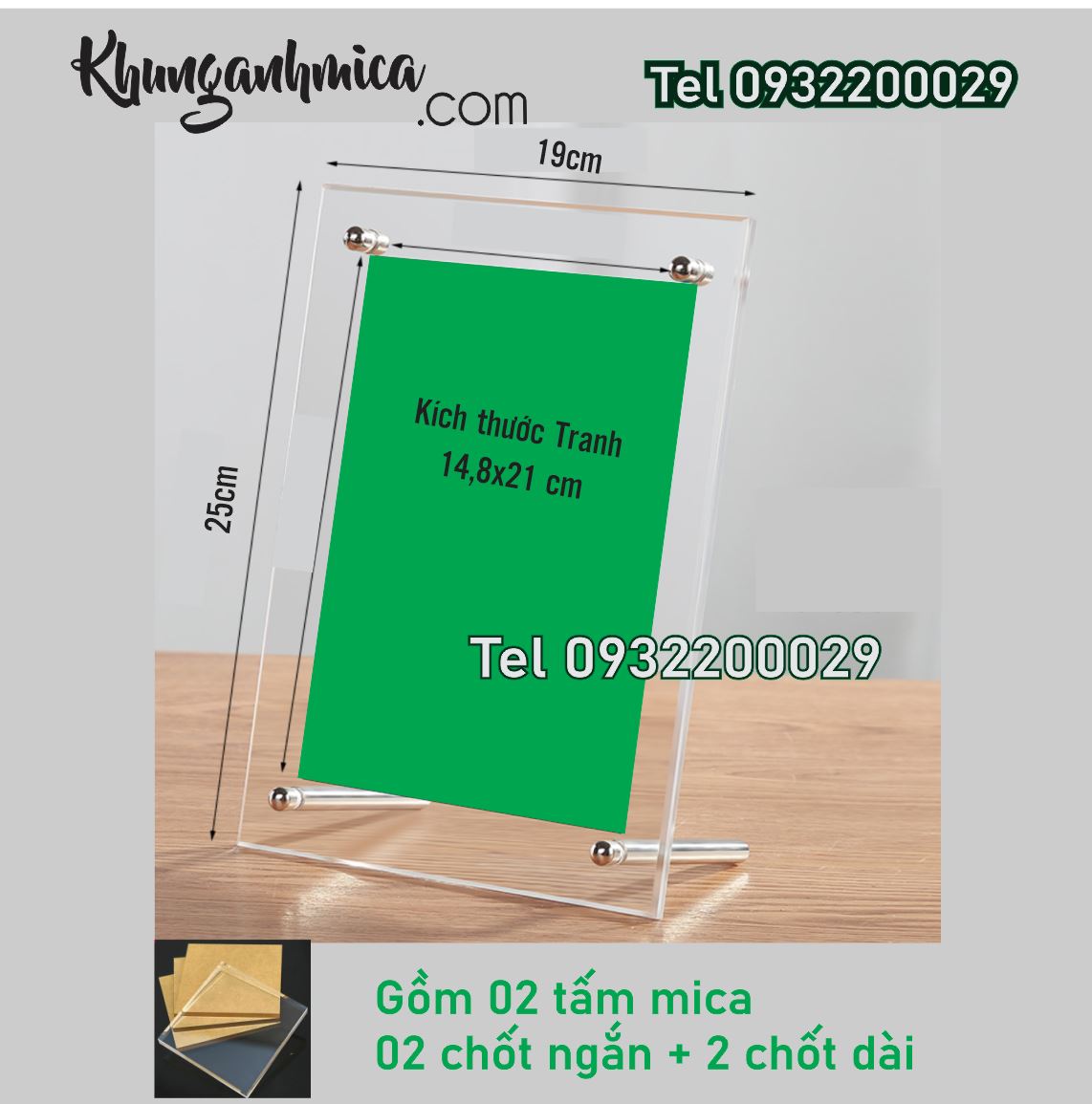 Khung mica để bàn có 4 chốt inox (2 dài, 2 ngắn)