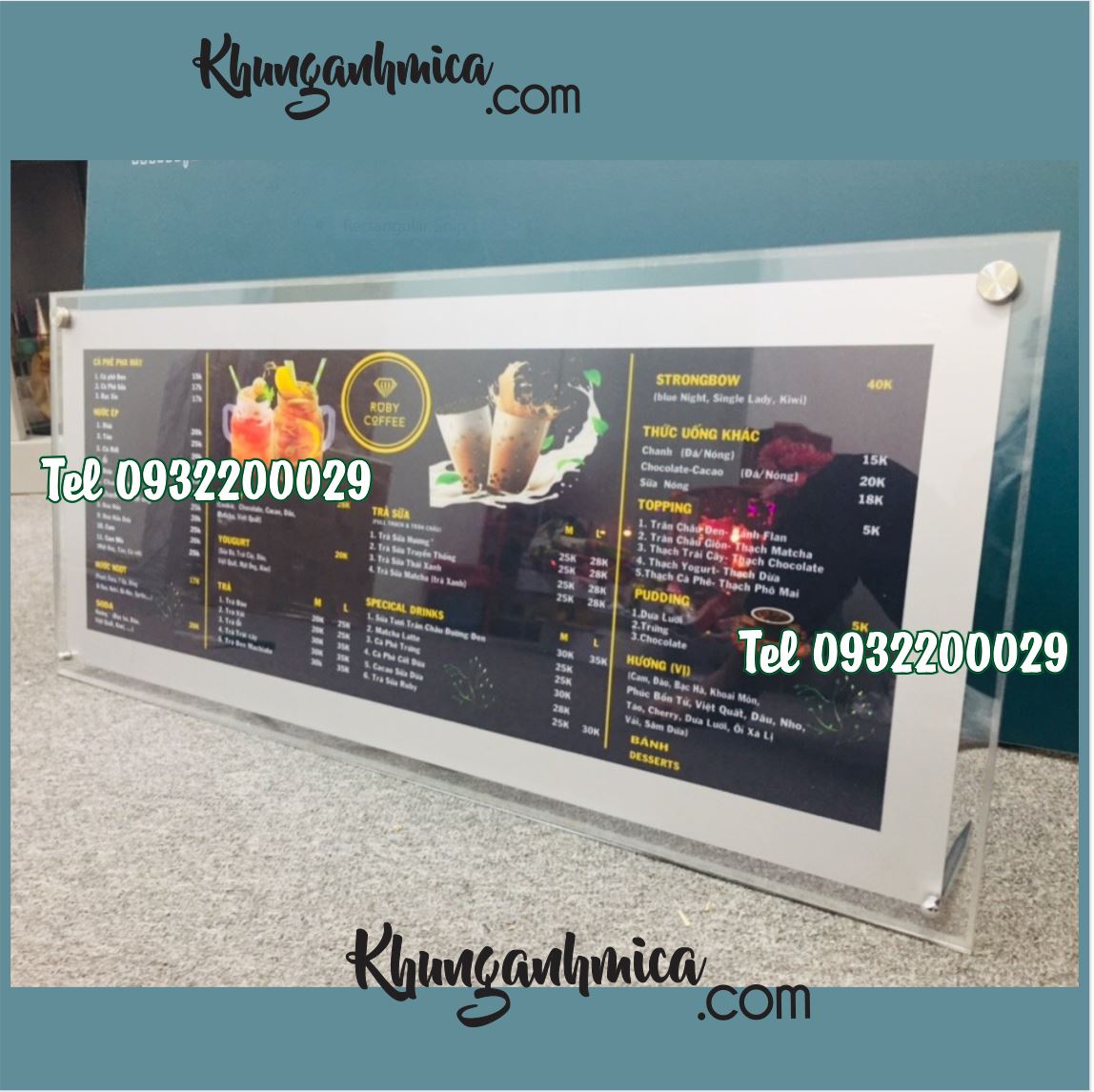 Ảnh mica để bàn chốt inox