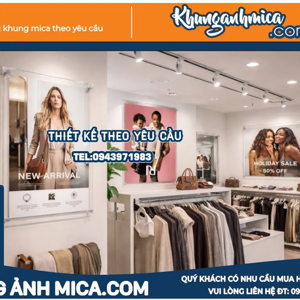 Khung poster mica treo tường showroom thời trang đẹp