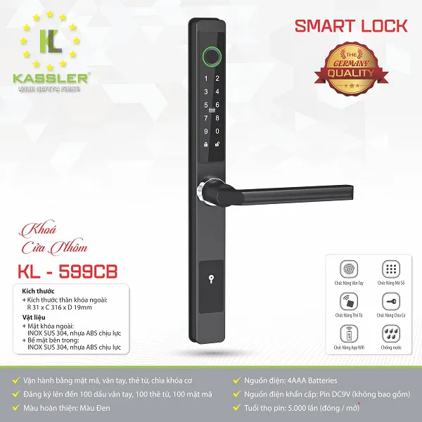 Khóa cửa vân tay Kassler KL-599 CB (Màu đen)