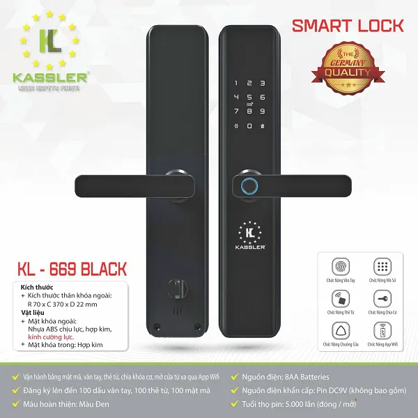 Khóa Cửa Vân Tay Kassler  KL-669B BLACK