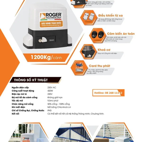 Motor Cổng Trượt Roger R30-1203 230v 1200kg Italia