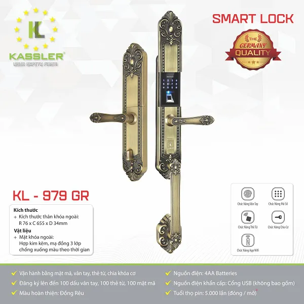Khóa cửa vân tay tân cổ Kassler KL - 979GR