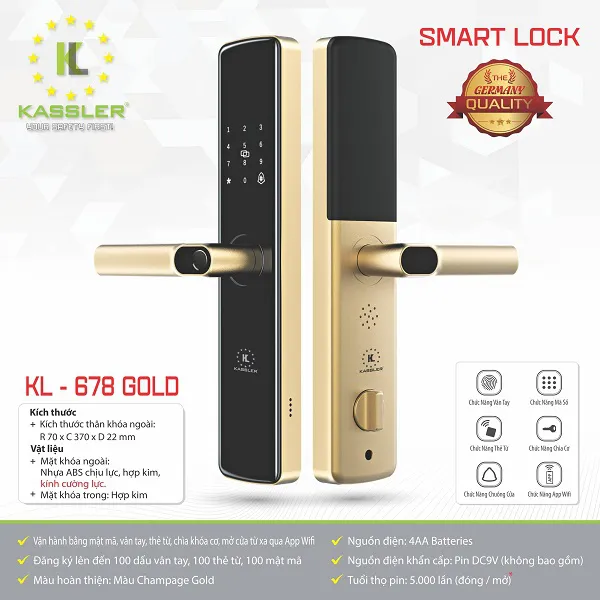 Khóa cửa vân tay Kassler KL-678 Gold