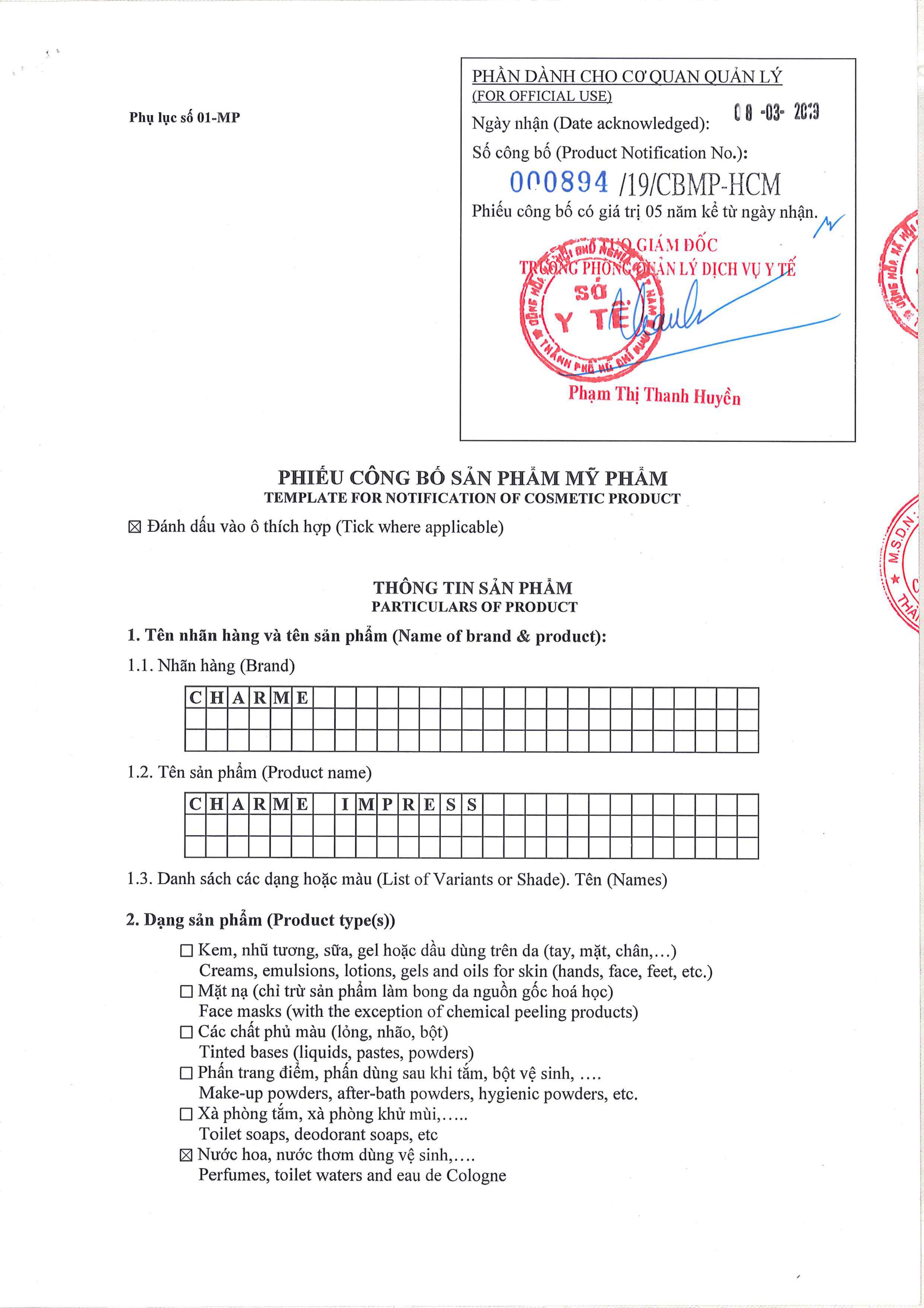 Nước Hoa Charme Impress 75ml Nam Chính Hãng