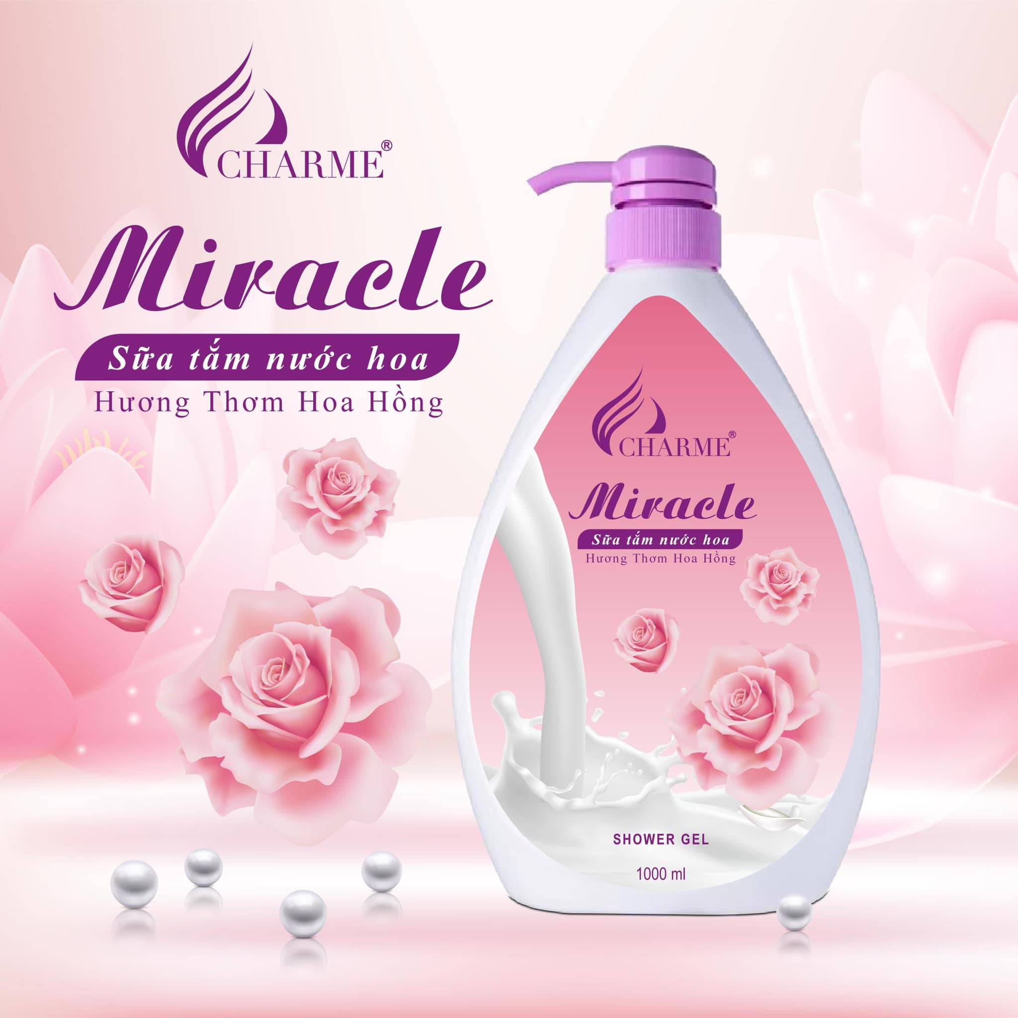 Sữa Tắm Nước Hoa Charme Miracle 1000ml Cho Nữ Hương Hoa Hồng