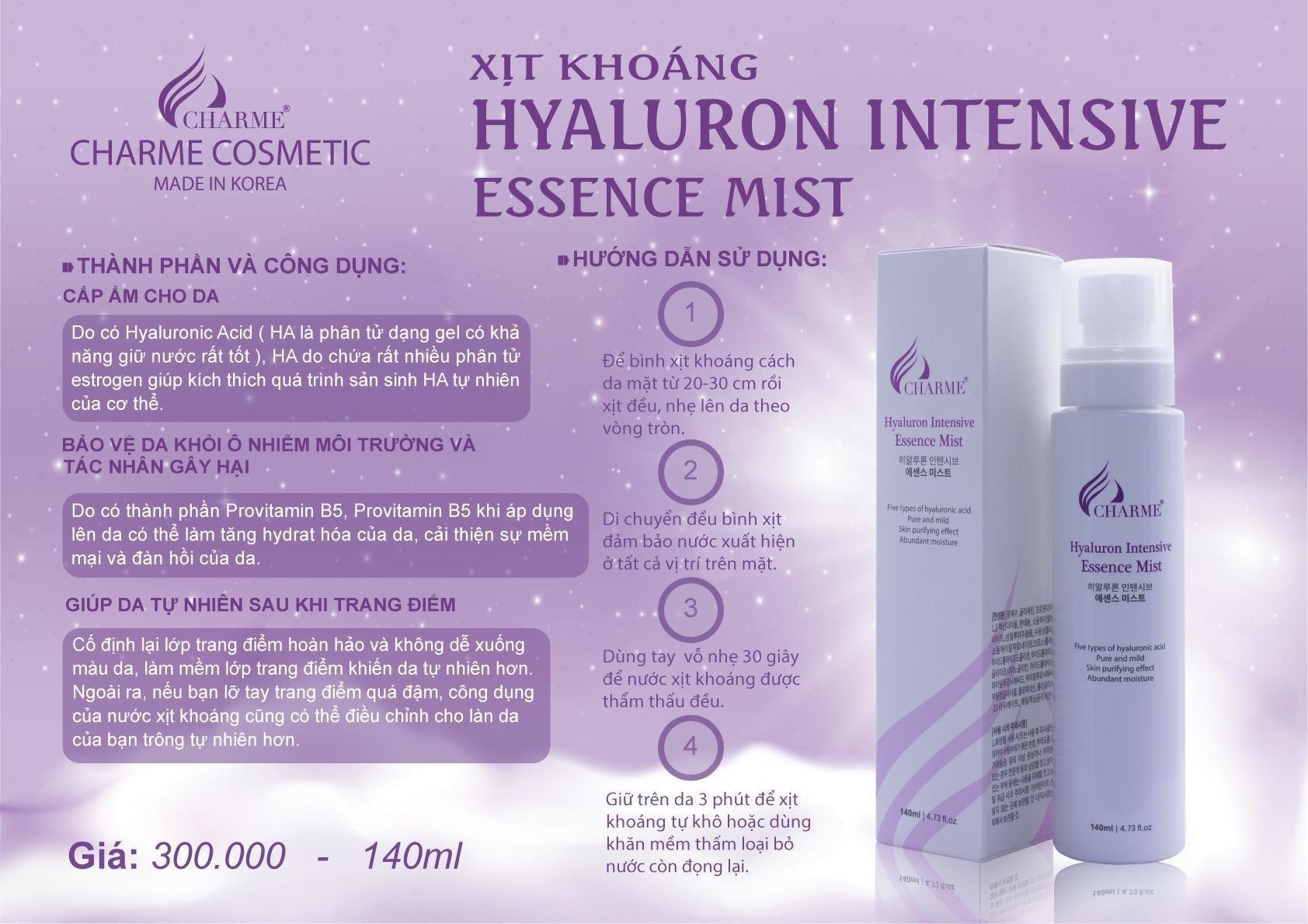 Xịt khoáng Charme Hyaluron Intensive Essence Mist