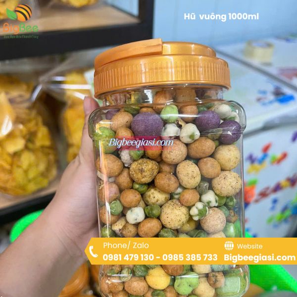 Hũ vuông 1L đựng đồ ăn vặt, các loại hạt bánh kẹo Hũ vuông 1L đựng đồ ăn vặt, các loại hạt bánh kẹo