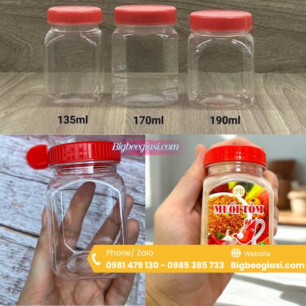 Hũ pet trong vuông nắp đỏ 135ml, 170ml, 190ml Hũ pet trong vuông nắp đỏ 135ml, 170ml, 190ml
