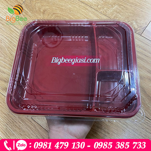 Khay nhựa đen đỏ 3 ngăn đựng cơm sang trọng cao cấp cho hàng quán Khay nhựa đen đỏ 3 ngăn đựng cơm sang trọng cao cấp cho hàng quán