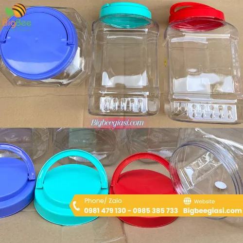 Hũ nhựa PET vuông có quai xách – Đựng 1, 2, 4, 5, 7, 10kg – Giá rẻ tại HCM