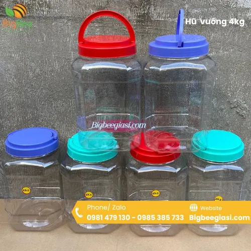Hũ nhựa PET vuông có quai xách – Đựng 1, 2, 4, 5, 7, 10kg – Giá rẻ tại HCM