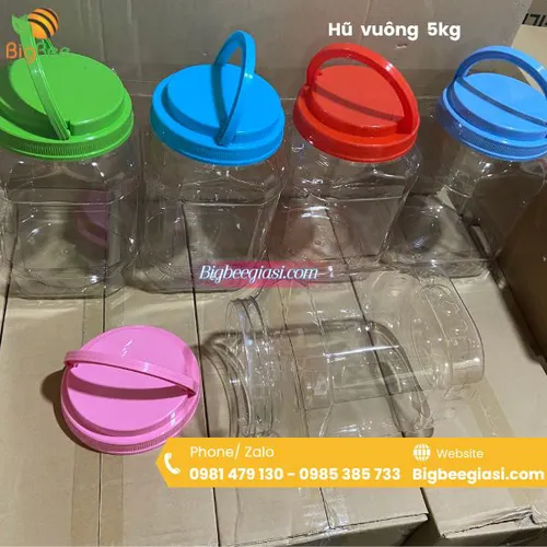 Hũ nhựa PET vuông có quai xách – Đựng 1, 2, 4, 5, 7, 10kg – Giá rẻ tại HCM