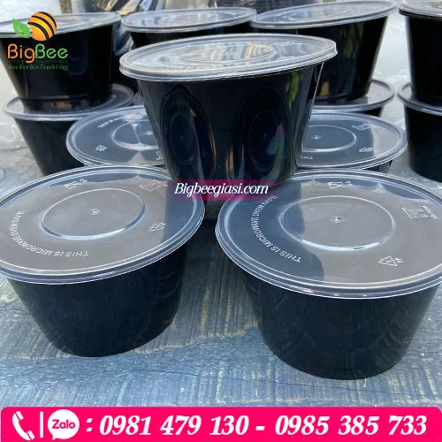 Tô nhựa PP đen nắp trong đựng thức ăn