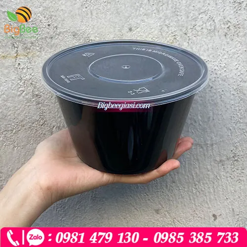 Tô nhựa PP đen nắp trong đựng thức ăn