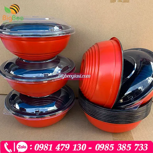 Tô nhựa PP đỏ đen có nắp đựng thức ăn nóng