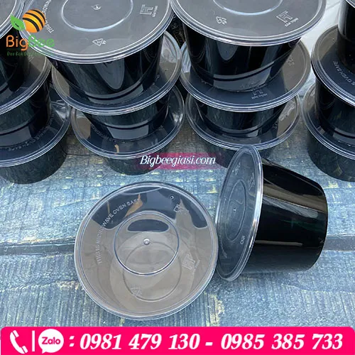 Tô nhựa PP đen nắp trong đựng thức ăn