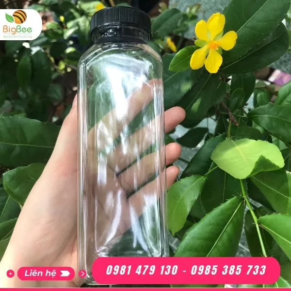 CHAI NHỰA VUÔNG 350ML CỔ RỘNG NẮP ĐEN