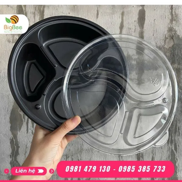 Hộp nhựa đế đen 3 ngăn tròn– Hộp đựng thức ăn tiện lợi, sang trọng cho món ăn mang đi