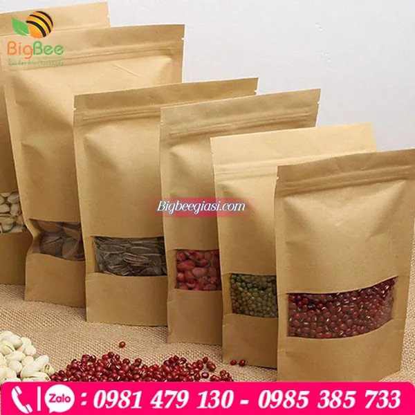 Túi zip giấy kraft đáy đứng có cửa sổ