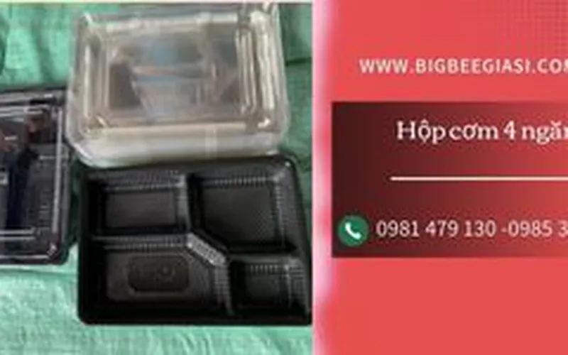 Hộp nhựa đựng cơm 4 ngăn màu đen có nắp đậy dùng 1 lần