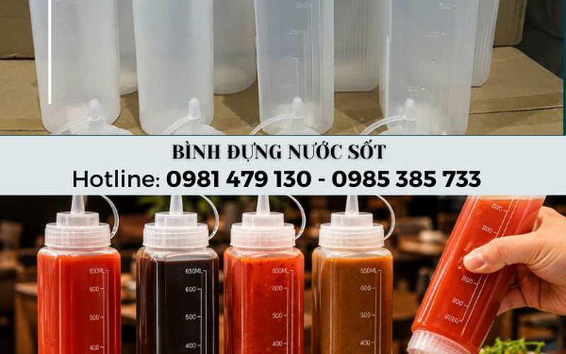 Bình nhựa đựng sốt, nước tương nắp vòi chống tràn đủ kích cỡ. 