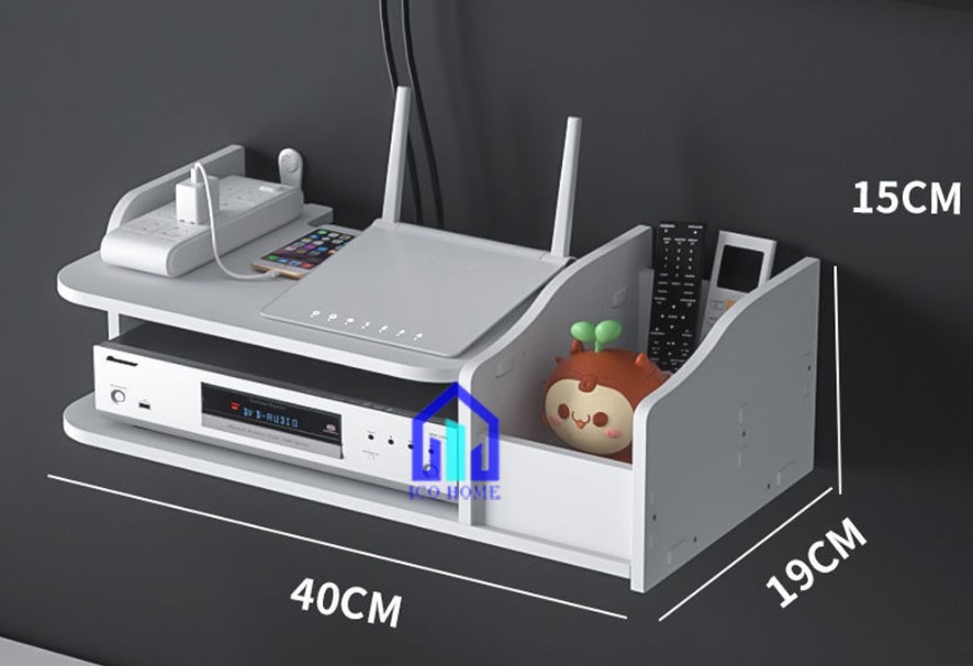 Kệ wifi treo tường 2 tầng có khay đựng remote | KHÔNG CẦN KHOAN
