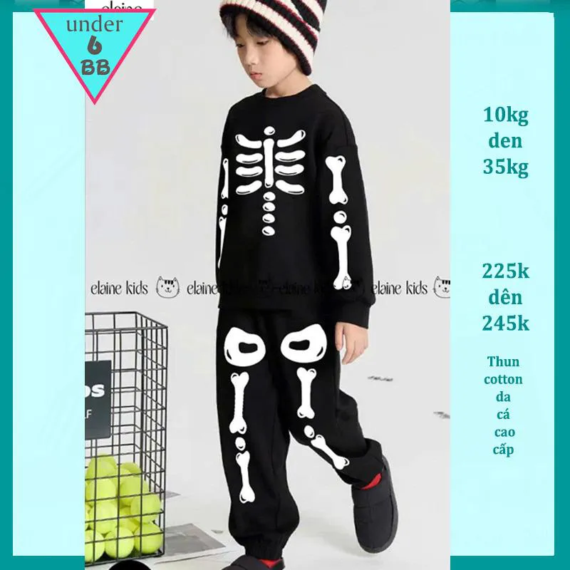 Đồ bộ bé trai tay dài in hình bộ xương phong cách cho bé yêu diện đi chơi halloweeen siêu ngầu