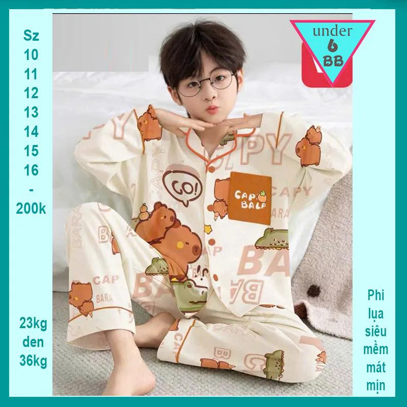Đồ bộ bé trai tay dài pijama in hình CAPYBARA siêu dễ thương cho bé mặc ngủ