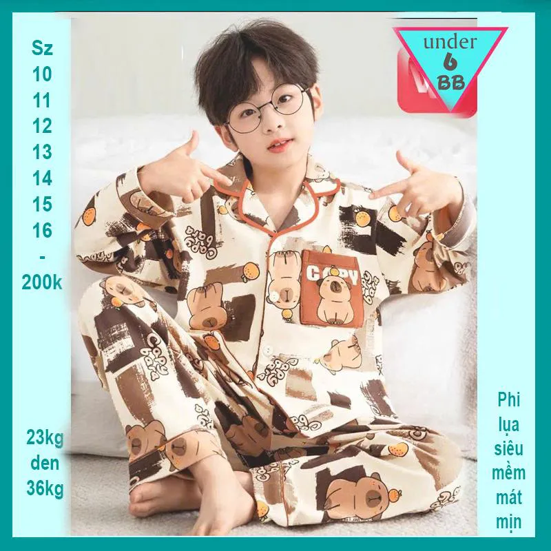 Đồ bộ bé trai tay dài pijama in hình CAPYBARA siêu dễ thương cho bé mặc ngủ