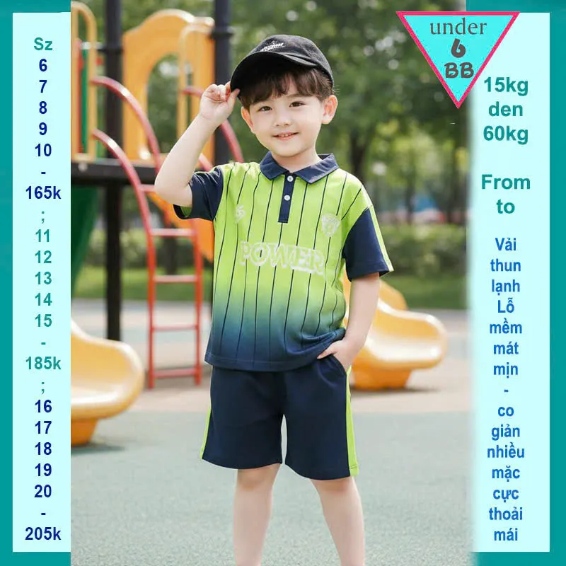 Đồ bộ bé trai thun lạnh thể thao  ( style polo) in chữ power phối màu loang phong cách bóng đá cho bé diện đi chơi , đi học