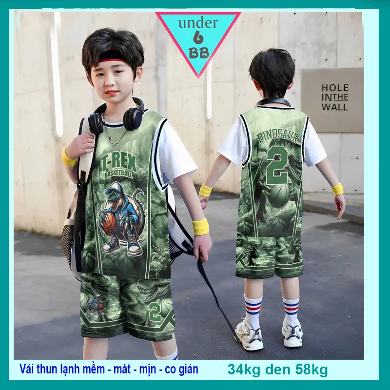 Đồ bộ thun lạnh cho bé in 3D hình Khủng Long Bạo Chúa thiết kế theo phong cách thể thao cực cá tính