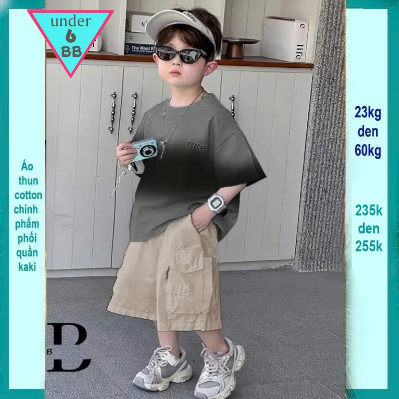 Quần áo bé trai ( Áo thun cotton + Quần kaki )  in chữ phối màu loang phong cách cá tính cho bé diện đi chơi , đi du lịch