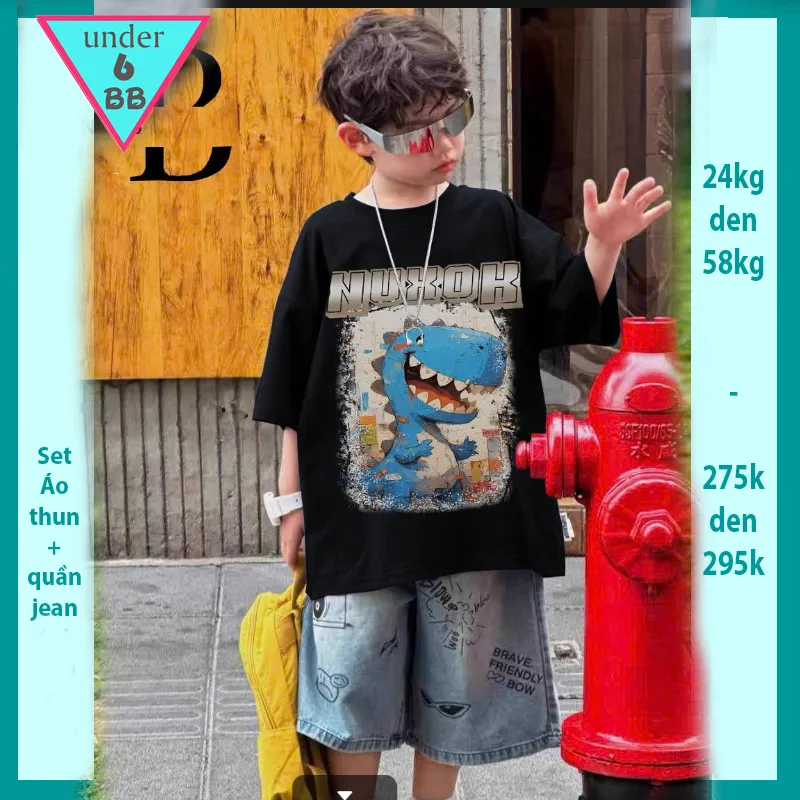 Set bộ jean bé trai ( áo vải thun cotton - quần jean co giãn ) in  hình Khủng Long cho bé diện đi chơi , đi học