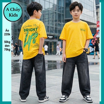 Áo thun bé trai cotton in chữ BRIGHT mang phong cách thời trang cá tính cho bé đi chơi , đi học