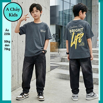 Áo thun bé trai cotton in chữ BRIGHT mang phong cách thời trang cá tính cho bé đi chơi , đi học