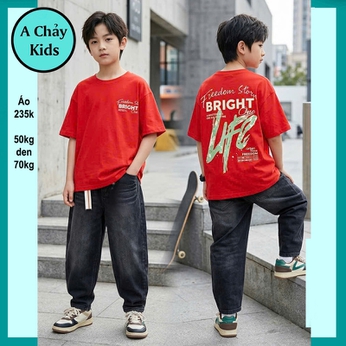 Áo thun bé trai cotton in chữ BRIGHT mang phong cách thời trang cá tính cho bé đi chơi , đi học