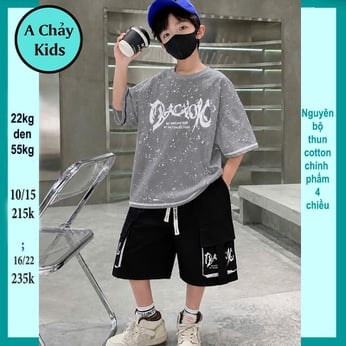 Đồ bộ bé trai hiphop in chữ phối vệt sơn phong cách cực ngầu cho bé diện đi chơi, đi học