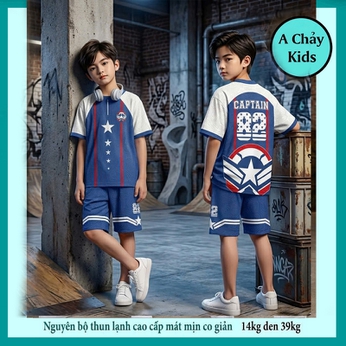Đồ bộ bé trai thun lạnh in hình Caaptain phối phong cách thể thao cho bé diện đi chơi , đi học
