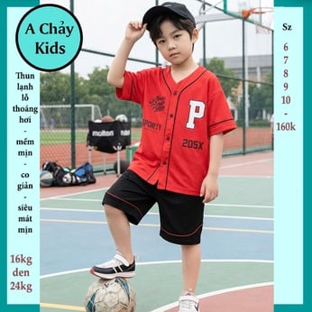 Đồ bộ bé trai thun lạnh thể thao in chữ P phong cách bóng chày cho bé đi chơi , đi học