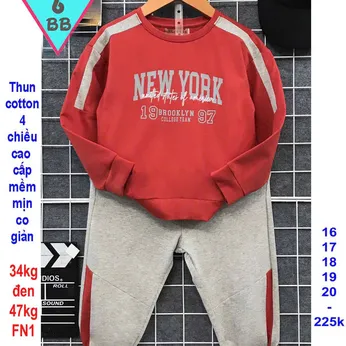 Đồ bộ bé trai tay dài cotton in họa tiết chữ New York phong cách cá tính cho bé đi chơi , đi học