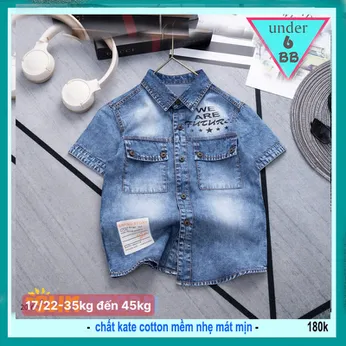 Áo sơ mi bé trai tay ngắn ( vải jean ) in chữ phối 2 túi áo phong cách cá tính cho bé diện đi chơi , đi học