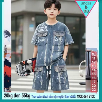 Đồ bộ bé trai cotton tay ngắn ( Vải wash ) in chữ phối màu loang phong cách cá tính siêu ngầu cho bé đi chơi , đi học