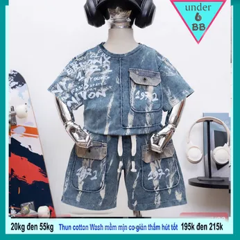 Đồ bộ bé trai cotton tay ngắn ( Vải wash ) in chữ phối màu loang phong cách cá tính siêu ngầu cho bé đi chơi , đi học
