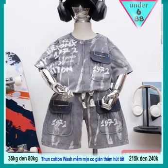 Đồ bộ bé trai cotton tay ngắn ( Vải wash ) in chữ phối màu loang phong cách cá tính siêu ngầu cho bé đi chơi , đi học