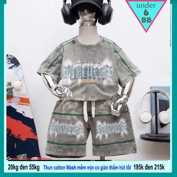 Đồ bộ bé trai cotton tay ngắn ( Vải wash ) in chữ mang phong cách thời trang cá tính cho bé đi chơi , đi học