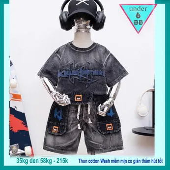Đồ bộ bé trai cotton tay ngắn ( Vải wash ) in chữ dập nổi phong cách cá tính siêu ngầu cho bé diện đi chơi , du lịch